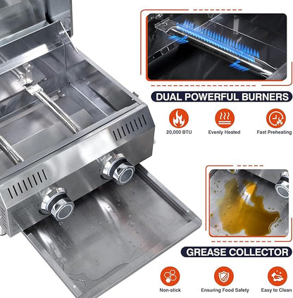 Llamaviva Tabletop Propane Gas Grill, 2 Burner 20,000 BTU Stainless Steel Portable BBQ Grill, Compact Outdoor Grill for Camping, RV, Patio, Tailgating, Picnic, Backyard Cooking