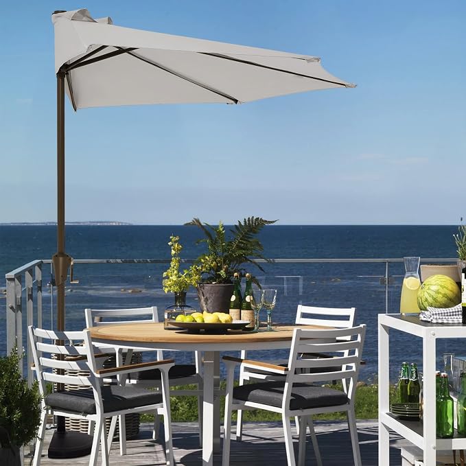 JEAREY 9ft Half Umbrella Outdoor Patio Umbrella Market Umbrellas with Crank, 1/2 Round Wall Umbrella 5 Sturdy Ribs UV Protection for Pool Garden Balcony Deck, Foggy Gray
