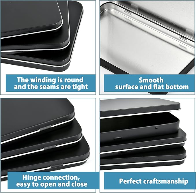 6 Pcs Metal Rectangular Hinged Tin Boxes with Lid, Mini Portable Empty Box Container, Small Black Tin with Lid for Home or Outdoor Active Storage (Black)