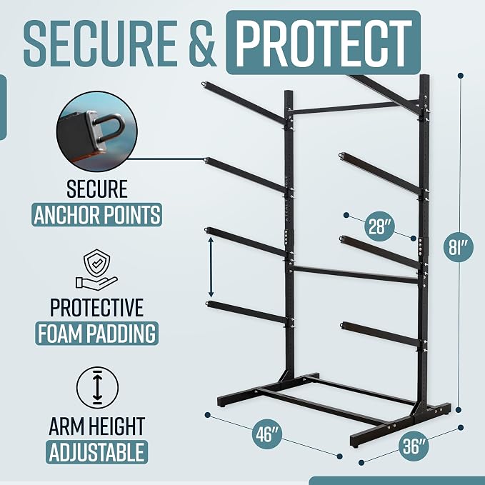 Teal Triangle Adjustable Freestanding Kayak Storage Rack, Holds 4 Kayaks | Outdoor Kayak Rack, Paddle Board Holder, Canoe Rack, Kayak Stand, Felt Padded Arms, Weather Resistant Steel