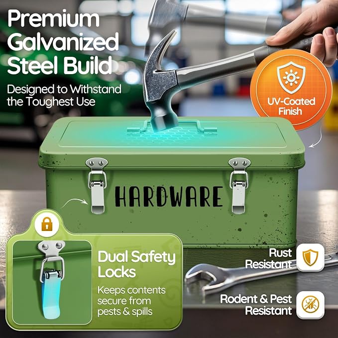 Flexzion 12-Inch Metal Seed Storage Box with Lid, 4 Compartments, Green | Seed packet organizer with dual latches and carry handles for gardening supplies, tools, crafts and household essentials