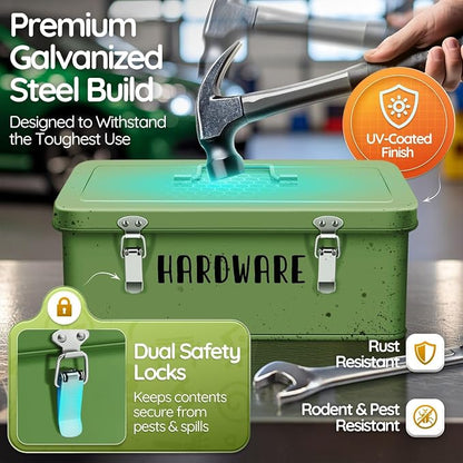 Flexzion 12-Inch Metal Seed Storage Box with Lid, 4 Compartments, Green | Seed packet organizer with dual latches and carry handles for gardening supplies, tools, crafts and household essentials