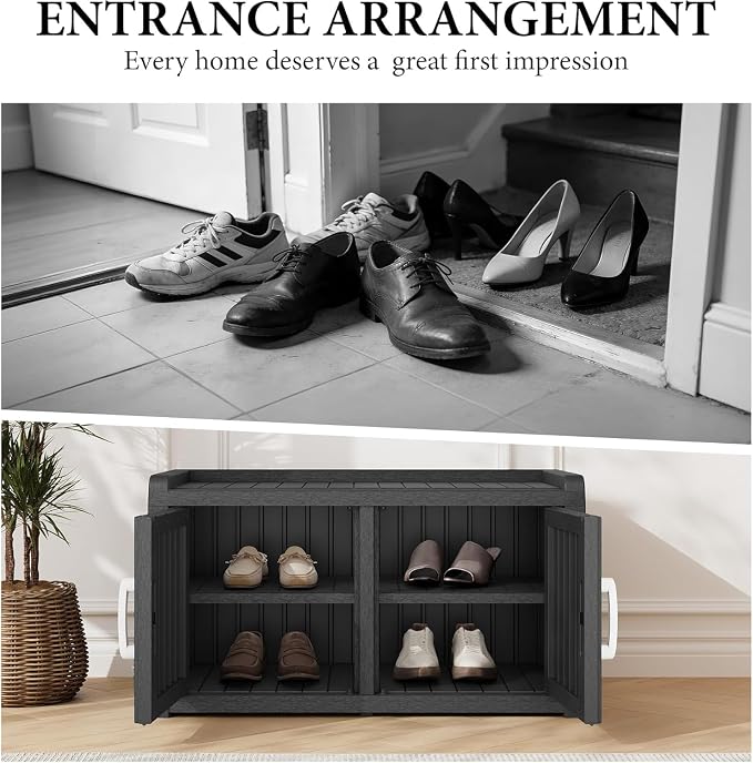 Outdoor Shoe Storage Bench with 2 Doors, Waterproof UV-Resistant Resin Cabinet, Entryway Organizer for Porch, Hallway, Black