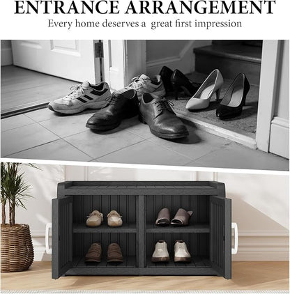 Outdoor Shoe Storage Bench with 2 Doors, Waterproof UV-Resistant Resin Cabinet, Entryway Organizer for Porch, Hallway, Black