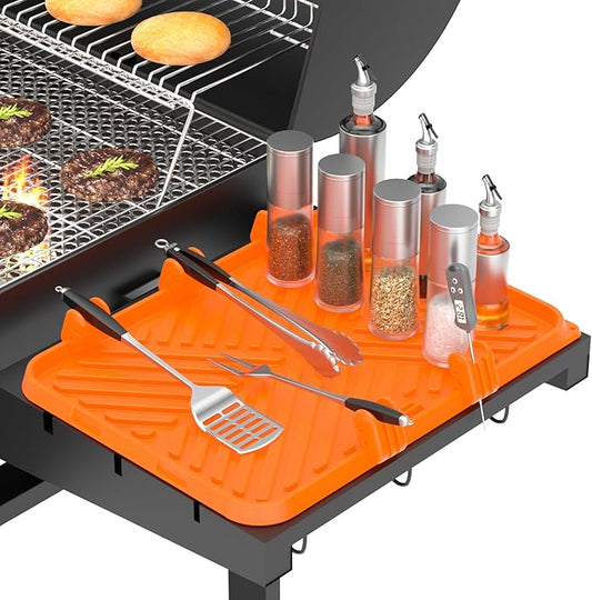 Silicone Griddle Tool Mat Blackstone Griddle Mat for Side Shelf Silicone Utensil Rest with Drip Pad, 5 Removable Grill Spatula Holders & Thermometer Slots, Flat Top Grill Accessories Orange 12x16 Inch