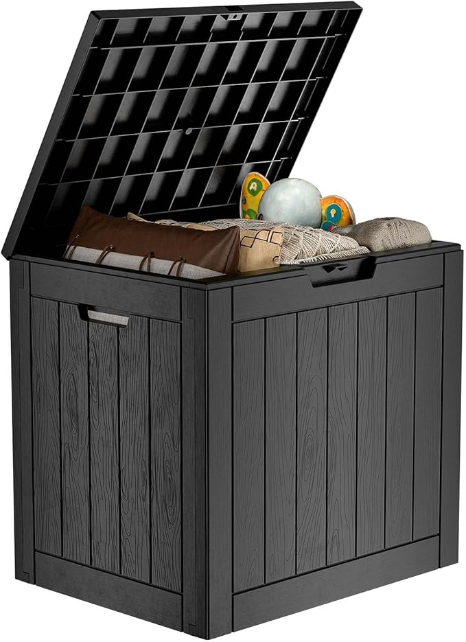 PatioZen 35 Gallon Deck Box Outdoor, Weatherproof Resin Patio Storage Box, Waterproof Outdoor Storage Boxes with Lid Lockable for Cushions, Garden Tools,Black
