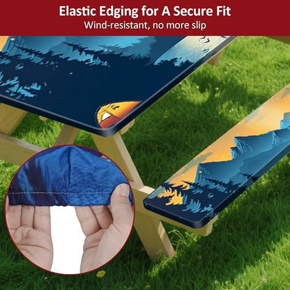6ft 72in Picnic Table and Bench Cover, 3 Pack, Lakeside Ember | Drawstring Bag, Waterproof Windproof, Elastic Fitted Edges Tablecloth, for Rectangle Table & Seat, Camping Essentials RV Gear