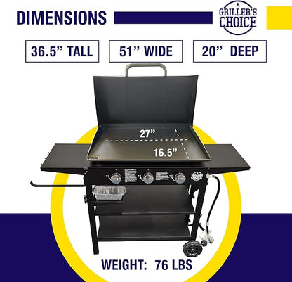Griller's Choice Gas Griddle with Hinged Hood & Wind Guards, 4 Shelves, Propane Griddle for Flat Grills Outdoor Cooking, Front Grease Management, Steel Flattop Grills Surface, Precision Heat Control