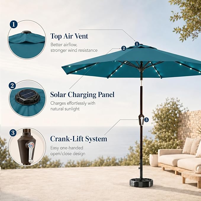 10FT Solar Patio Umbrella with Lights, Outdoor Table Market Umbrella with 32 LED Lights, 8 Sturdy Ribs, Push Button Tilt and Crank for Pool, Deck and Garden, UV-Resistant