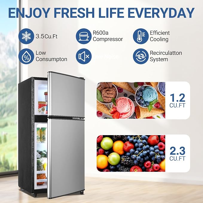 Dorm Fridge with Freezer, Small Refrigerator 3.5 Cu. Ft. 7-Level | Mini Fridge with Freezer for Apartment, 7 Temperature Adjustable Apartment Size Fridge for Kichen, College, RV, Silver