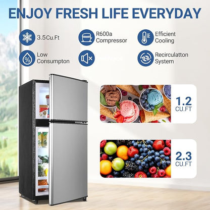 Dorm Fridge with Freezer, Small Refrigerator 3.5 Cu. Ft. 7-Level | Mini Fridge with Freezer for Apartment, 7 Temperature Adjustable Apartment Size Fridge for Kichen, College, RV, Silver