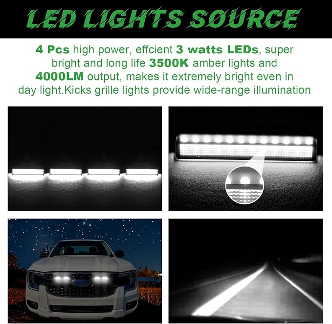 4PCS Front Grille Lights for Ford Ranger 2019-2026 White Light | Bright Bumper Grill Light Bar LED Running Lamps Fit for XL XLT Lariat Car Accessories