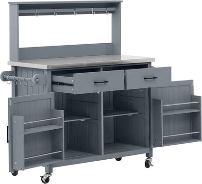 LUMISOL Grill Cart with Stainless Steel Top & High Shelf, Outdoor Solid Wood Kitchen Island with Lockable Wheels, Large Potting Bench Table with Storage Cabinet & Towel Rack, Grey+Blue