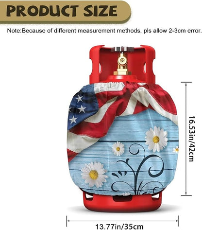 American Flag Dual Propane Tank Cover 20 lb Patriotic Weather Resistant Windproof Gas Cylinder Polyester Daisy 4th of July Decoration Slip-On Standard Tank Cover