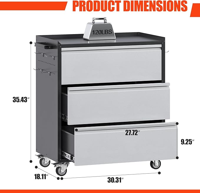 Aobabo Metal Garage Storage Cabinet with Wheels, 3 Drawer Rolling Cabinet with Lockable Wheels and Pegboards for Workshop Office, 35.43" H x 30.31" W x 18.11" D, Black/Gray, Assembly Required,