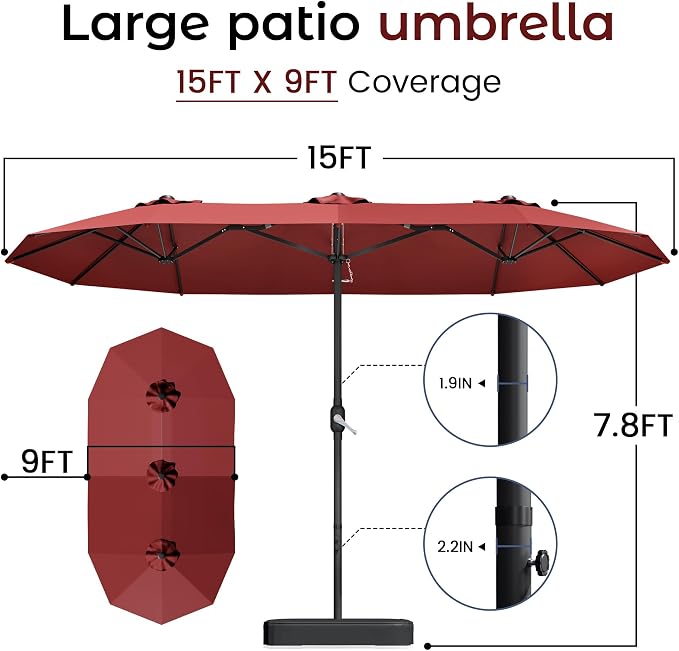 15ft Red Patio Umbrella with Base Included,Rectangle Double Extra Large Table Umbrella Outdoor Giant Umbrella for Porch Pool Lawn Deck,Market,Backyard Outside,Burgundy Red