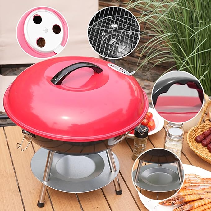 Round Griddle, Charcoal Grills Portable Charcoal Round Grill, Red Small Grills with Locking Lid and Dual Vents Chrome Plated Travel BBQ for Backyard Bonfire Outdoor Cooking Camping