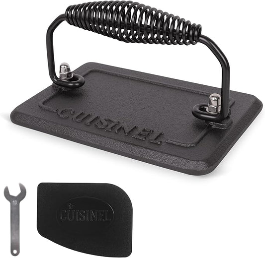 Cuisinel Grill Press - Cast Iron Burger Press for Bacon, Steak & Hamburgers - 6.75" x 4.5" Rectangular Pre-Seasoned 2.8-lb. Weight Sandwich Maker - Griddle, BBQ Accessory - Comfort-Grip Handle