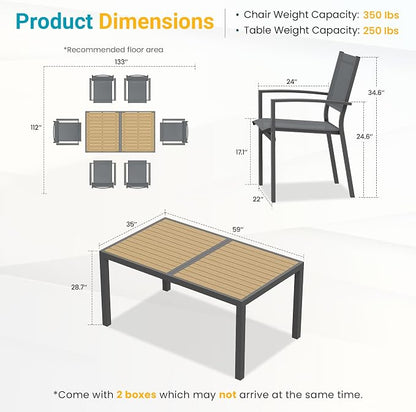 FansaFurn Patio Table and Chairs Set for 6, Outdoor Patio Furniture Set with Metal Textilene Chairs and Aluminum Table, All-Weather Outdoor Dining Set with HDPS Rectangular Tabletop for Patio Porch