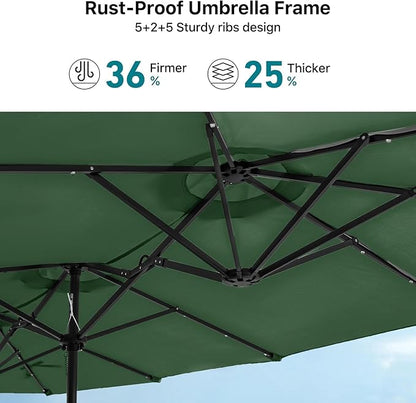 FREE SOLDIER 13ft Patio Umbrella with 36 LED Solar Lights Double Sided Outdoor Umbrella for Patio Table Umbrella with Solar lights for Garden Yard Pool (Dark Green)