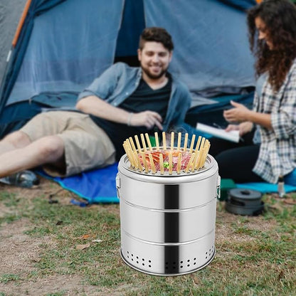 Large Cylinder Charcoal BBQ Grill, 50 Skewers Portable Smokeless Grills, 360° Stainless Steel Barbecue Grill for Camping, Picnics, Beaches (30 Skewers)