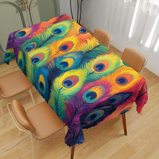 Peacock Feathers Decorative Rectangle Table Cloth Oil Painting Rainbow Feather Rectangle Kitchen Table Cover Oblong Tablecloth for Dining Table Buffet Parties Patio Camping 52" x 70" 4-6 Seats
