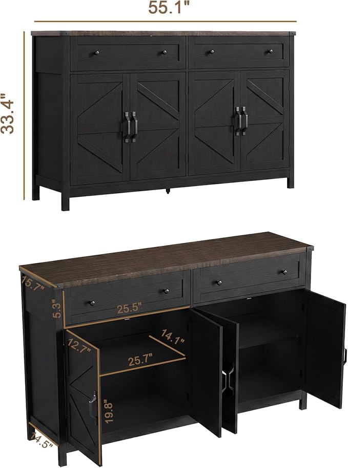ChooChoo 55" W Coffee Bar Cabinet, Kitchen Storage Cabinet with 2 Drawers | Farmhouse Sideboard Buffet Cabinet, Adjustable Shelf & 4 Doors, Vintage Black