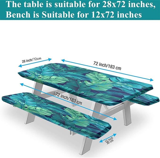 Tropical Palm Leaves Picnic Table Cover with Bench Covers, Hawaiian Green Leaf Waterproof Windproof Camping Rectangle Tablecloths Fitted Picnic Table Cover for Outdoor, Picnic, Camping, 72x28 In