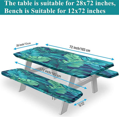 Tropical Palm Leaves Picnic Table Cover with Bench Covers, Hawaiian Green Leaf Waterproof Windproof Camping Rectangle Tablecloths Fitted Picnic Table Cover for Outdoor, Picnic, Camping, 72x28 In