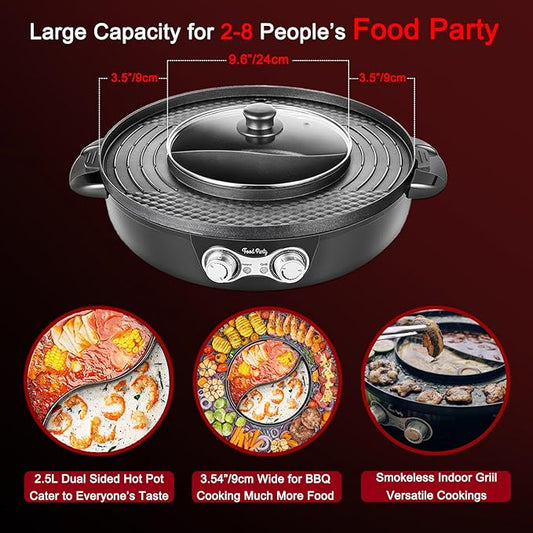Food Party Hot Pot Electric Korean BBQ Grill Combo Hotpot Smokeless Indoor Grill 16.5" Detachable Easy Cleaning 110V 1800W Shabu Shabu Pot with Divider