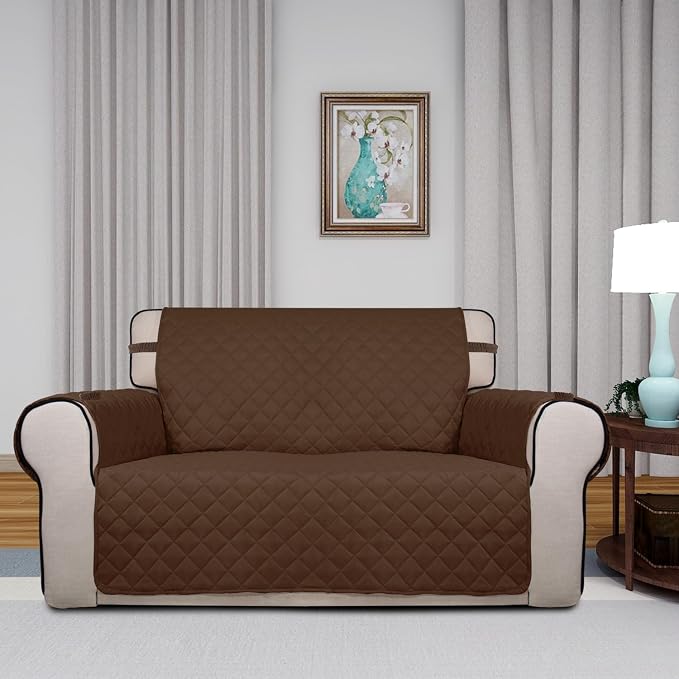PureFit Reversible Quilted Couch Covers for Dogs Loveseat Sofa Cover 46.5” | Coffee/Ivory, Water Resistant Couch Protector, Washable Pet Couch Cover with Non Slip and Elastic Straps For Kids