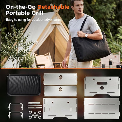 Stainless Steel Portable Tabletop Charcoal Grill, Foldable Camping Grill | Lightweight Mini Gas BBQ Grill & Fire Pit with Griddle Plate & Carry Bag for Camping Tailgating Picnic Travel Backyard Patio