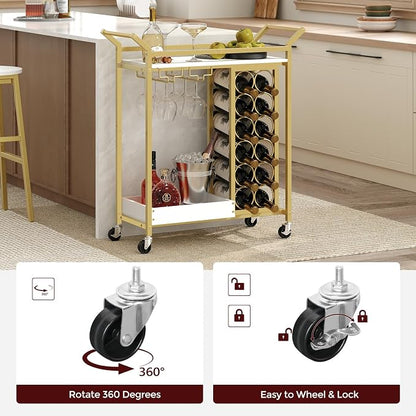 MAHANCRIS Gold Bar Cart, Bar Cart for Home, 2-Tier Wine Rack, Wine Cart with Wheels, Drink Cart with Glass Holder, Serving Cart for Kitchen, Gold and White RCJW18101