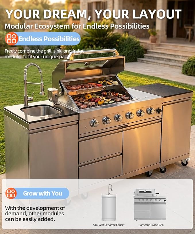 Outdoor Kitchen Island Barbecue Grill with Refrigerator & Rotisserie, Heavy-Duty Stainless Steel Freestanding Grills Station, Weather-Resistant Cooking Cabinet for Backyard & Summer Propane Gas