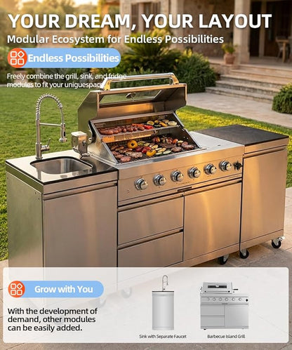 Outdoor Kitchen Island Barbecue Grill with Refrigerator & Rotisserie, Heavy-Duty Stainless Steel Freestanding Grills Station, Weather-Resistant Cooking Cabinet for Backyard & Summer Propane Gas