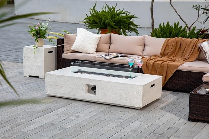 56-inch Rectangle Propane Gas Fire Pit Table, CSA Certified 50,000 BTU Outdoor Fireplace for Backyard, Porch, Garden (White, Fire Pit with Wind Guard&Tank)