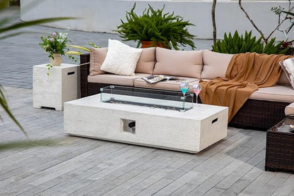 56-inch Rectangle Propane Gas Fire Pit Table, CSA Certified 50,000 BTU Outdoor Fireplace for Backyard, Porch, Garden (White, Fire Pit with Wind Guard&Tank)