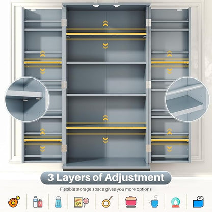 kepptory 51" Pantry Cabinet with Diamond-Patterned Doors and Golden Handles, Freestanding Kitchen Storage Cabinet with 17 Shelves, Tall Metal Base, Adjustable Feet, Grey