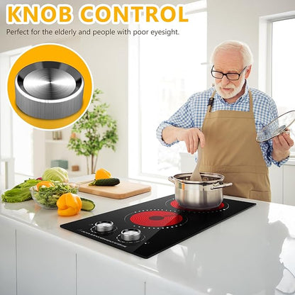 Portable Electric Cooktop 2 Burner 110V Plug in, 12 Inch 2000W Electric Stove Top with Knob Control, Countertop or Built-in Ceramic Hot Plate, for RV Dorm Apartment Kitchen Cooking
