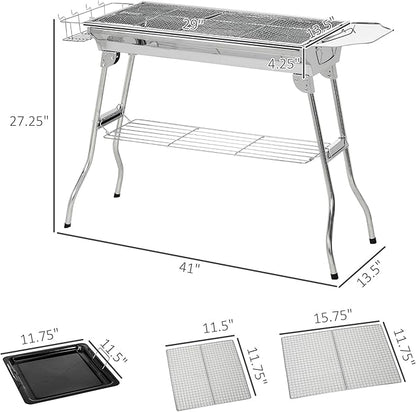 Portable Charcoal Grill with Storage, Stainless Steel Outdoor BBQ Grill for Camping, Tailgating, and Picnics