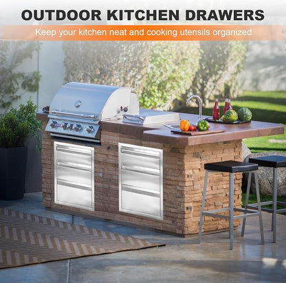 PioneerWorks 16" W x 21" H x 23" D Outdoor Kitchen Drawers, 3-Layer Outdoor Kitchen Access Drawer, Stainless Steel Built-in BBQ Drawer for Outdoor Kitchen Island, Patio Grill Station