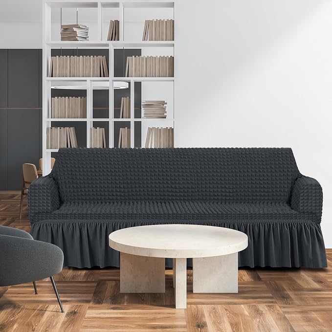 Fanfanwin 3 Pcs Sofa Slipcover Set for Couch Cushion Durable Washable High Elastic Stretchable Furniture Couch Covers with Skirt for Sofa Loveseat Arm Chair(Dark Gray,Seersucker)