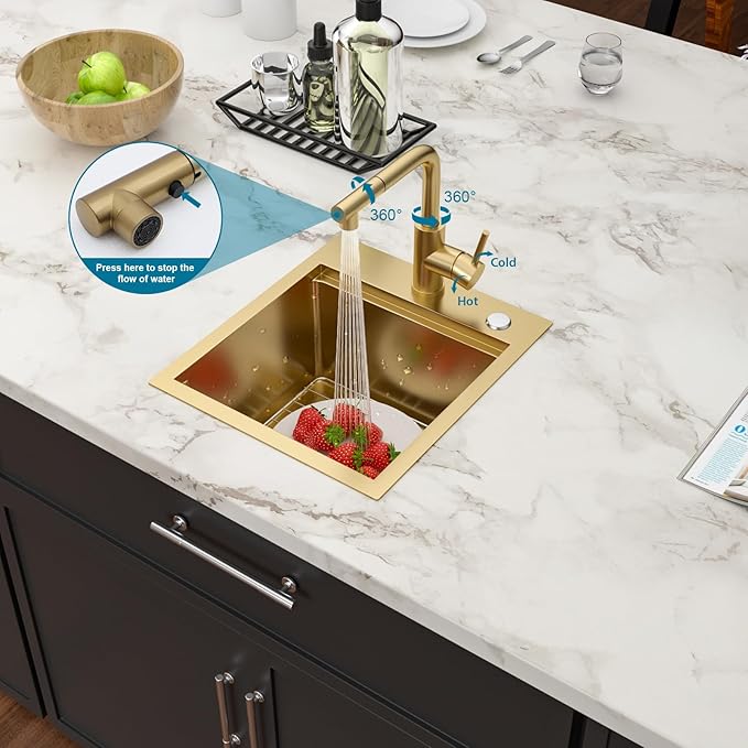 Gold Bar Sink With Faucet Drop In Bar Sinks 15x17 Inch Stainless Steel Indoor Outdoor Kitchen Workstation16 Gauge Single Bowl Small Sinks With Pull-out Faucet 15"x17"x9"