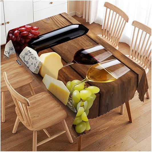 Swono Wine and Cheese Table Cloth Rectangle Tables Red Wine Bottle Glass Cheese Grapes On Wood Kitchen Table Cover Oblong 52"X70" Tablecloth for Dining Table Buffet Parties Patio and Camping