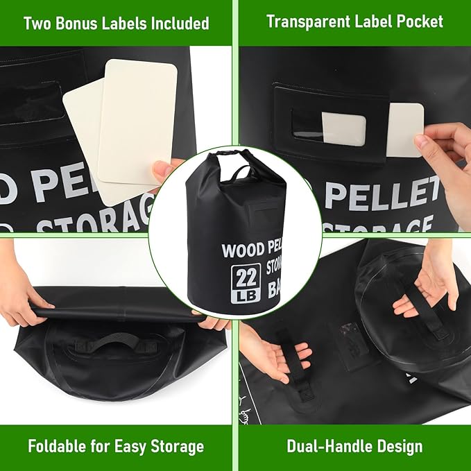 22LB Waterproof Wood Pellet Storage Bag - Dual Handles, Label Pocket, Portable BBQ Smoker Pellet Storage Containers Bin, Stay Dry Pellet Grill Accessories for Fuel, Charcoal, Wood Chips-1PCS