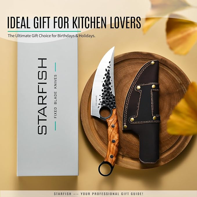 STARFISH Kitchen Knife, 6.0” Full Tang Chef Knife with Leather Sheath 440C Steel blade for Home Cooking. Olive Wooden Handle Japanese Style Forged Viking knives for Camping, BBQ, Gift for Men