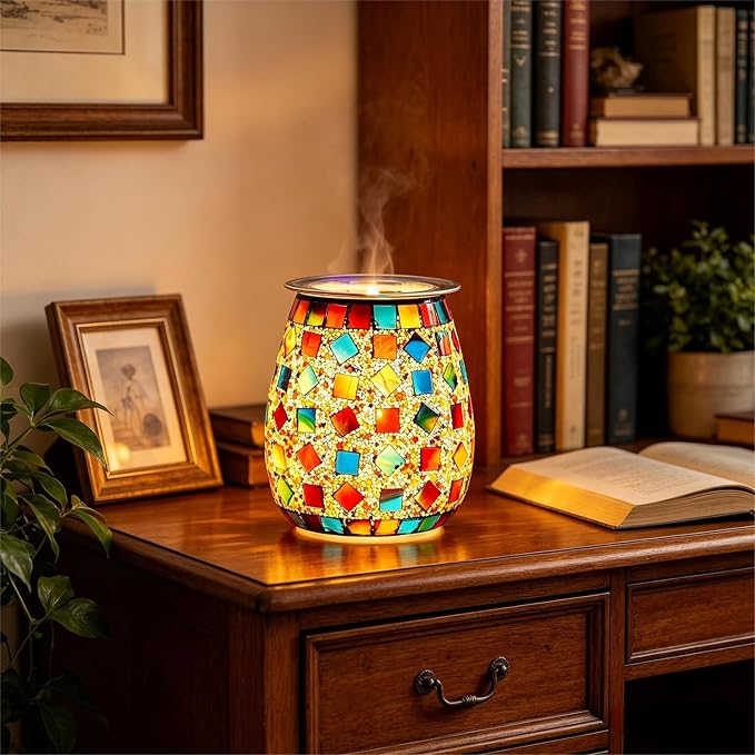 Dicimi Stained Glass Wax Warmer – Candle Lamp with Timer (2/4/8/10H+24H Cycle), Adjustable Heat/Light, 2-in-1 Melter & Night Light, Gift for Mom