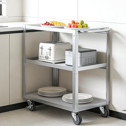 Hally Stainless Steel Utility Cart 3 Tier NSF Rolling Carts 31" Lx19 Wx34 H | Commercial Heavy Duty Metal Mobile Food Cart, with Handle and Wheels, for Kitchen, Restaurant, Hospital, Laboratory and Home