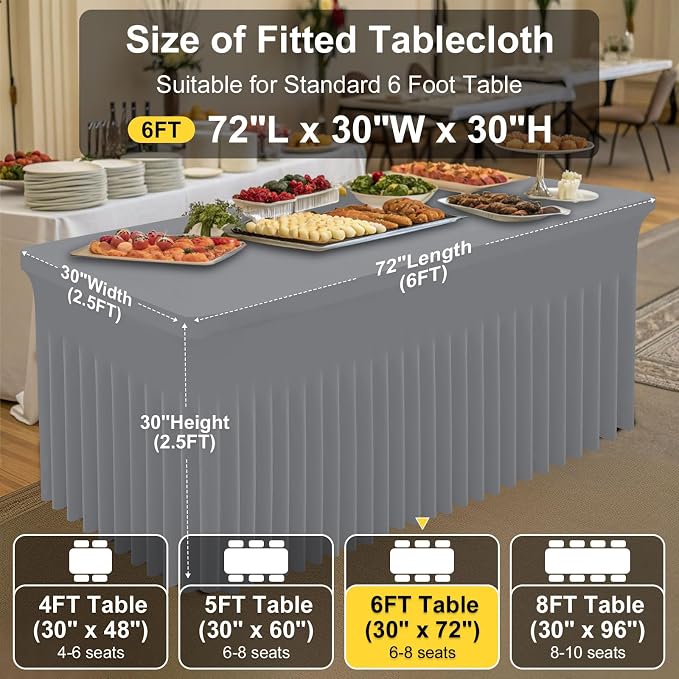 Smiry 2 Pack Spandex Elastic Fitted Table Cloth Skirt for 6FT Table | Stretch Washable Table Cloth, Banquet Table Cover for Wedding, Party, Indoor & Trade Shows, (Grey, 72Lx30Wx30H)