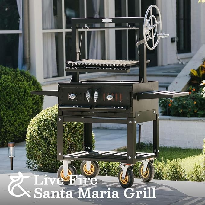Ash & Ember Santa Maria Grill, Steel Wood & Charcoal Argentine Grill, Hand Wheel for Adjustable Heat Control, BBQ Grill with V-Grates & Grease Trap, Argentinian Grills with Bottom & Side Shelves